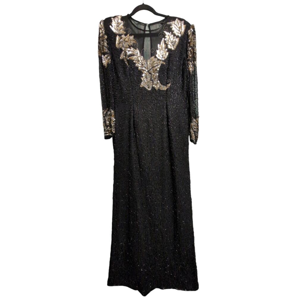 Scala Black Silk Sequin Embellished Long Sleeve Evening Gown Dress Size PL